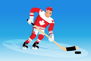 Hockey player is leading puck. Hockey player in Canadian uniform during the match. vector cartoon illustration.