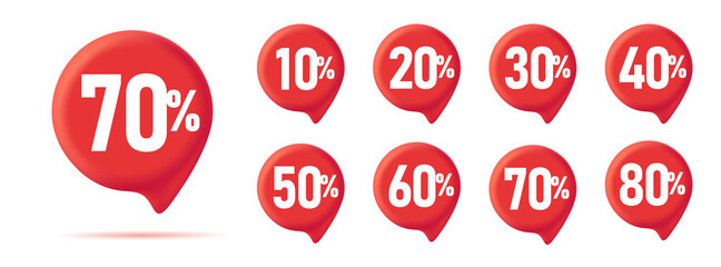 Set of red 3d speech bubbles tags illustration with discounts, sale percentage