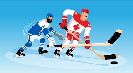 Fototapeta na wymiar Hockey players fight for the puck during a match. Hockey game. Vector cartoon illustration.