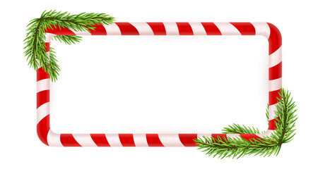 Blank Christmas border, candy cane frame with branch of christmas tree, fir. Isolated on white background. Holiday design, decor. Vector illustration.