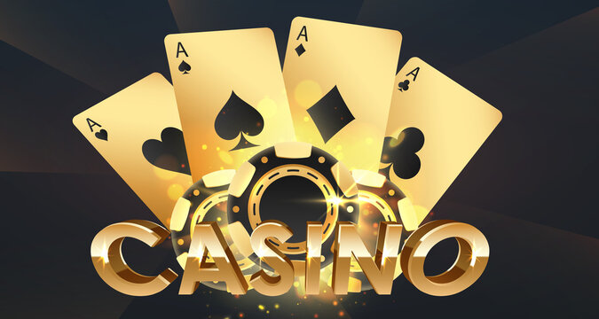 Golden logo casino with tree gold and black poker chips, tokens, and playing cards with reflection and lights. Concept for game design. Vector illustration.