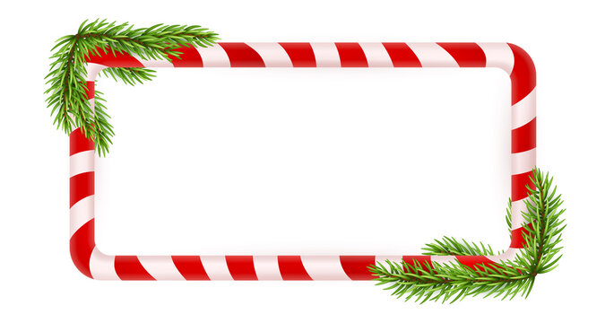 Blank Christmas border, candy cane frame with branch of christmas tree, fir. Isolated on white background. Holiday design, decor. Vector illustration.