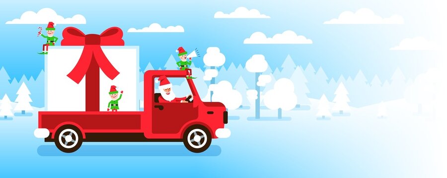 Santa truck with large gift box and elf helpers. Santa is carrying big present - template for banner, postcard. Vector illustration.