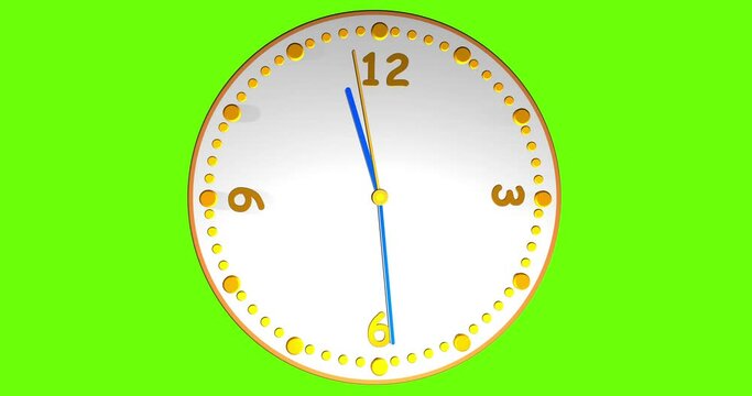 3D animated Clock animation seamless 24 hour loop. Orange wall clock with blue time pointer hovering free in space. Green background for keying and copy space. Looping timekeeper smooth moving watch