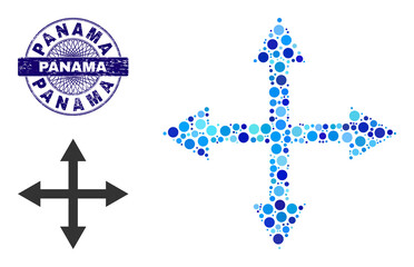 Obraz premium Round dot combination expand arrows icon and PANAMA round dirty stamp print. Blue stamp includes PANAMA title inside circle and guilloche pattern. Vector collage is based on expand arrows icon,