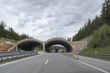 Building bridges for Wildlife animals to cross highways. Construction site Czech republic D1 road