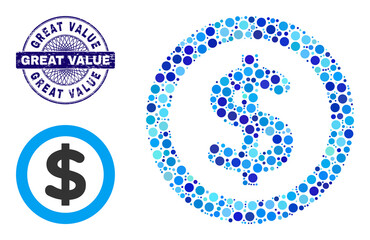 Circle mosaic finance icon and GREAT VALUE round rubber stamp imitation. Blue stamp includes GREAT VALUE title inside circle and guilloche style. Vector mosaic is based on finance symbol,