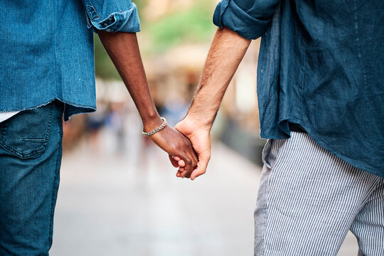 Affectionate gay couple holding hands while walking