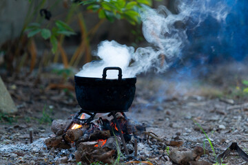 Cooking pot on a wood stove in the Asian countryside