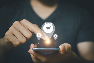 Businessman searching for a store on a smartphone to buy products, comfortable life concept New technology and routine