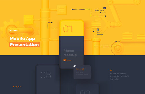 Modern presentation of a mobile application. Website template. Mobile phone mockup on a yellow background with a description of the mobile application. Modern illustration 3D style.	