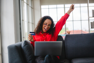 happy winner success business freelance, African American girl woman victory cheerful concept