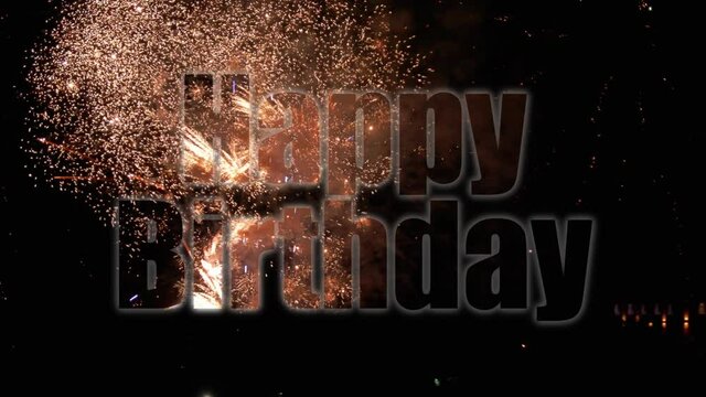 Words of congratulations on Happy Birthday on the background of fireworks. Video 4k montage