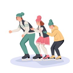 The family is skating at the ice rink. Dad, mom and son have fun in winter. Flat vector illustration