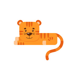 The little cartoon tiger is lying and resting. Happy cute wild animal. Design element for nursery poster, packaging of baby goods, print for children's clothes. Symbol of the Chinese New Year.