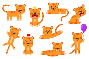 Set of little cartoon tigers in different poses and scenes. Cute wild animal in flat style. Symbol of the Chinese New Year. Simple illustration for baby clothes design, food packaging for kids.