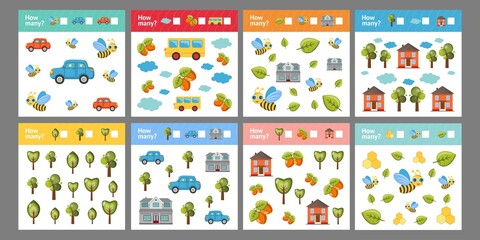 Fototapeta na wymiar Counting Games for Children cards set. Bright vector illustration. How many? Car, house, bee, tree, bus