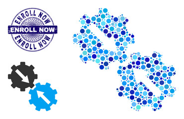 Round dot collage gear integration icon and ENROLL NOW round grunge seal. Blue seal includes ENROLL NOW tag inside circle and guilloche technique. Vector collage is based on gear integration symbol,