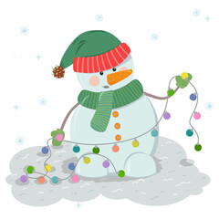 Cute cartoon snowman in a hat with a garland.