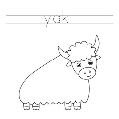 Trace the letters and color cute yak. Handwriting practice for kids.