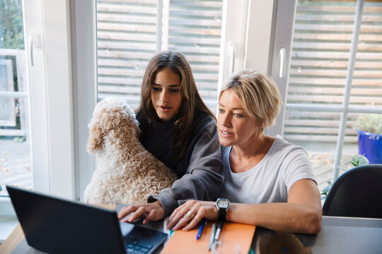 Girl e-learning on laptop while sitting with mother and dog at home