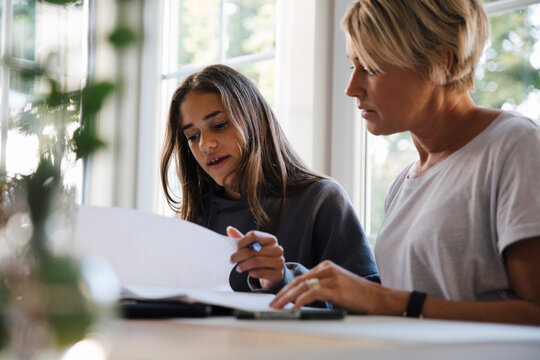 Mother teaching daughter while studying at home