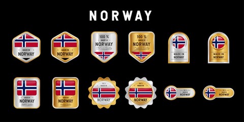 Made in Norway Label, Stamp, Badge, or Logo. With The National Flag of Norway. On platinum, gold, and silver colors. Premium and Luxury Emblem