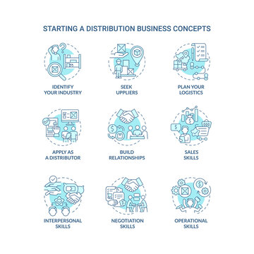 Starting distribution business turquoise blue concept icons set. Entrepreneurship startup development. Wholesale trading company idea thin line color illustrations. Vector isolated outline drawings