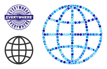 Round dot collage global sphere icon and EVERYWHERE round unclean stamp seal. Violet seal includes EVERYWHERE title inside circle and guilloche ornament. Vector collage is based on global sphere icon,