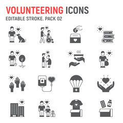 Volunteering glyph icon set, charity collection, vector graphics, logo illustrations, volunteering vector icons, humanitarian signs, solid pictograms, editable stroke