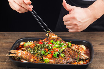 Chinese Cuisine: a plate of spicy roast fish