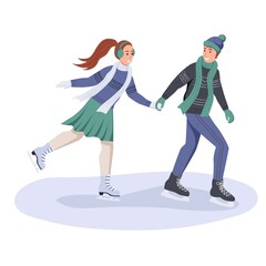 Obraz premium A young man and a woman skate in winter. A couple in love is having fun on a date. Flat vector illustration