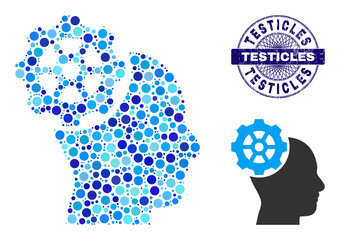 Rounded dot mosaic head gear icon and TESTICLES round dirty seal. Blue seal includes TESTICLES caption inside circle and guilloche technique. Vector mosaic is based on head gear icon,