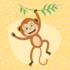 Cute monkey, vector illustration. Jungle wild animal, baby little monkey hanging on the branch. Happy chimpanzee with tongue out, funny cartoon smile. Textured with dotted lines, nice background
