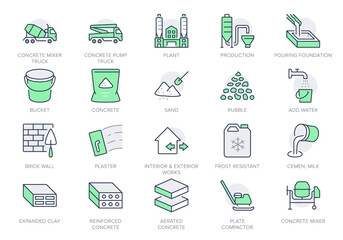 Concrete line icons. Vector illustration include icon - brick, construction, broken stone, spatula, mixer truck, putty outline pictogram for cement manufacturing. Green Color, Editable Stroke