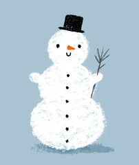 Funny Fluffy White Snowman in a Black Hat on a Pastel Blue Background. Winter Holidays Vector Illustration ideal for Card, Wall Art, Greeting, Poster, Kids Room Decoration.