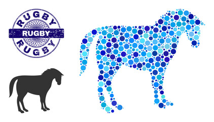 Round dot mosaic horse icon and RUGBY round rubber stamp print. Blue stamp includes RUGBY text inside circle and guilloche ornament. Vector mosaic is based on horse icon,