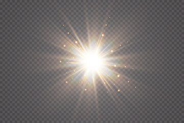 Glow effect. Gold star on a transparent background. Bright sun. Vector illustration.