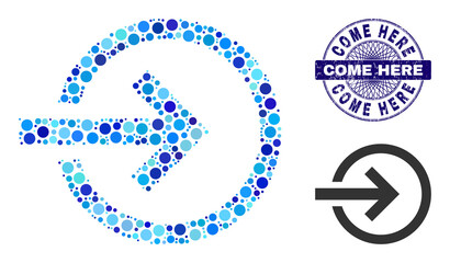 Circle mosaic import icon and COME HERE round corroded stamp. Blue stamp seal includes COME HERE caption inside circle and guilloche pattern. Vector collage is based on import icon,