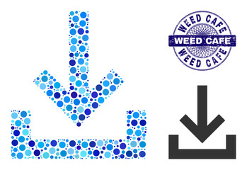 Circle mosaic inbox icon and WEED CAFE round dirty stamp. Blue stamp seal includes WEED CAFE caption inside circle and guilloche decoration. Vector collage is based on inbox icon,