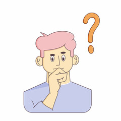 Illustration of a pensive face of a man. He keeps his hand on his chin in a fist. 