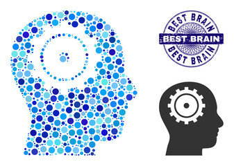 Circle collage intellect icon and BEST BRAIN round grunge stamp imitation. Blue stamp seal includes BEST BRAIN title inside circle and guilloche decoration.