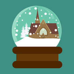A snow globe with a church in the snow. Christmas greeting card. Vector image of Merry Christmas