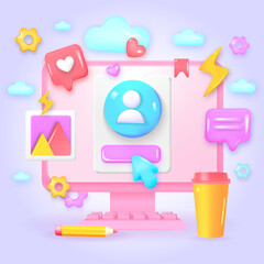 Desktop monitor computer. Creative concept idea, realistic design. Communication applications concept, emoji, webpage, settings icons, chat. 3d illustration