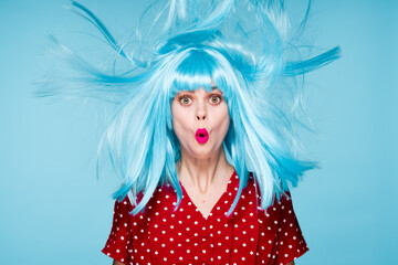 cheerful woman in a red dress according to the formula hair makeup model