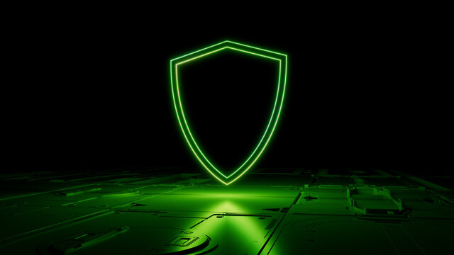 Green neon light shield icon. Vibrant colored Security technology symbol, on a black background with high tech floor. 3D Render
