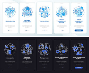 Fototapeta na wymiar City management digitalization onboarding mobile app page screen. Tech walkthrough 5 steps graphic instructions with concepts. UI, UX, GUI vector template with linear night and day mode illustrations