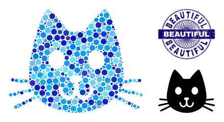 Round dot collage kitty had icon and BEAUTIFUL round textured stamp seal. Blue seal includes BEAUTIFUL title inside circle and guilloche technique. Vector collage is based on kitty had icon,