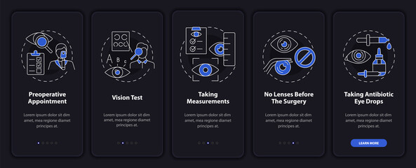 Eye surgery preparation black onboarding mobile app page screen. Procedure walkthrough 5 steps graphic instructions with concepts. UI, UX, GUI vector template with linear night mode illustrations
