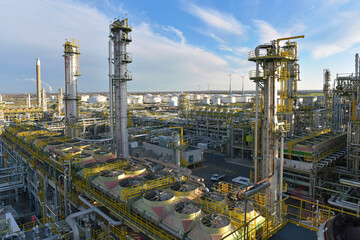 pipeline,storage tanks and buildings of a refinery - industrial plant for fuel production
